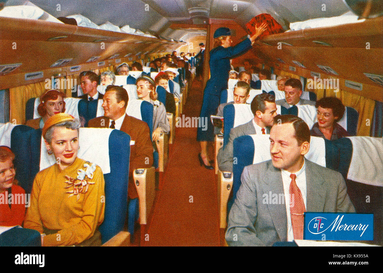 1950 Werbe Postkarte für American Airlines, in dem die wesentlichen Kabine eines Douglas DC-7-Flugzeug. Stockfoto