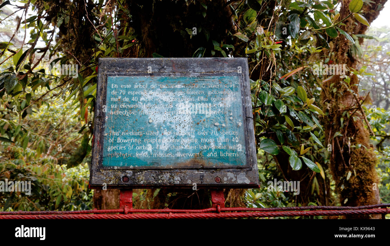 Wegweiser und Informationen im Monteverde Cloud Forest Reserve in Costa Rica Stockfoto