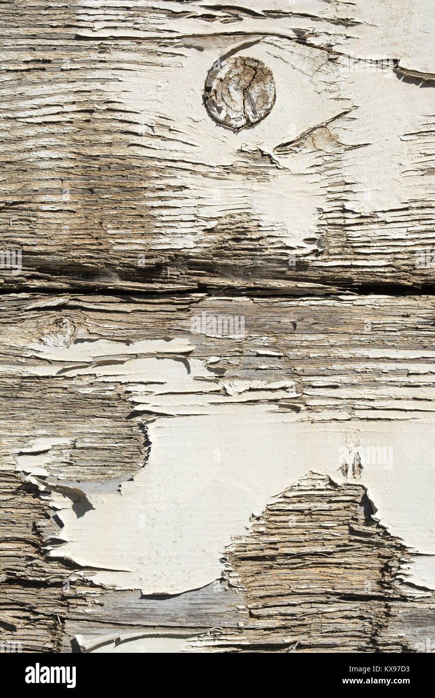 Abstrakte Texturen: Rissig, Verrottung, verwittertes Holz mit abblätternder Farbe auf einem alten Zug gefunden. Stockfoto