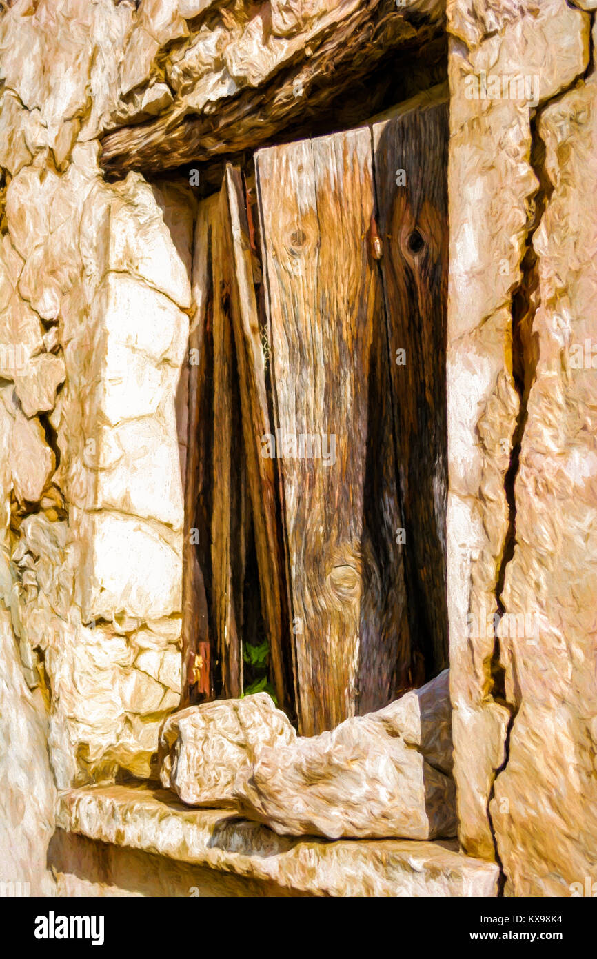 Alte Holz Fensterläden der traditionellen Haus im Dorf Chamaitoulo, Kreta, Griechenland. Digitale Malerei. Stockfoto