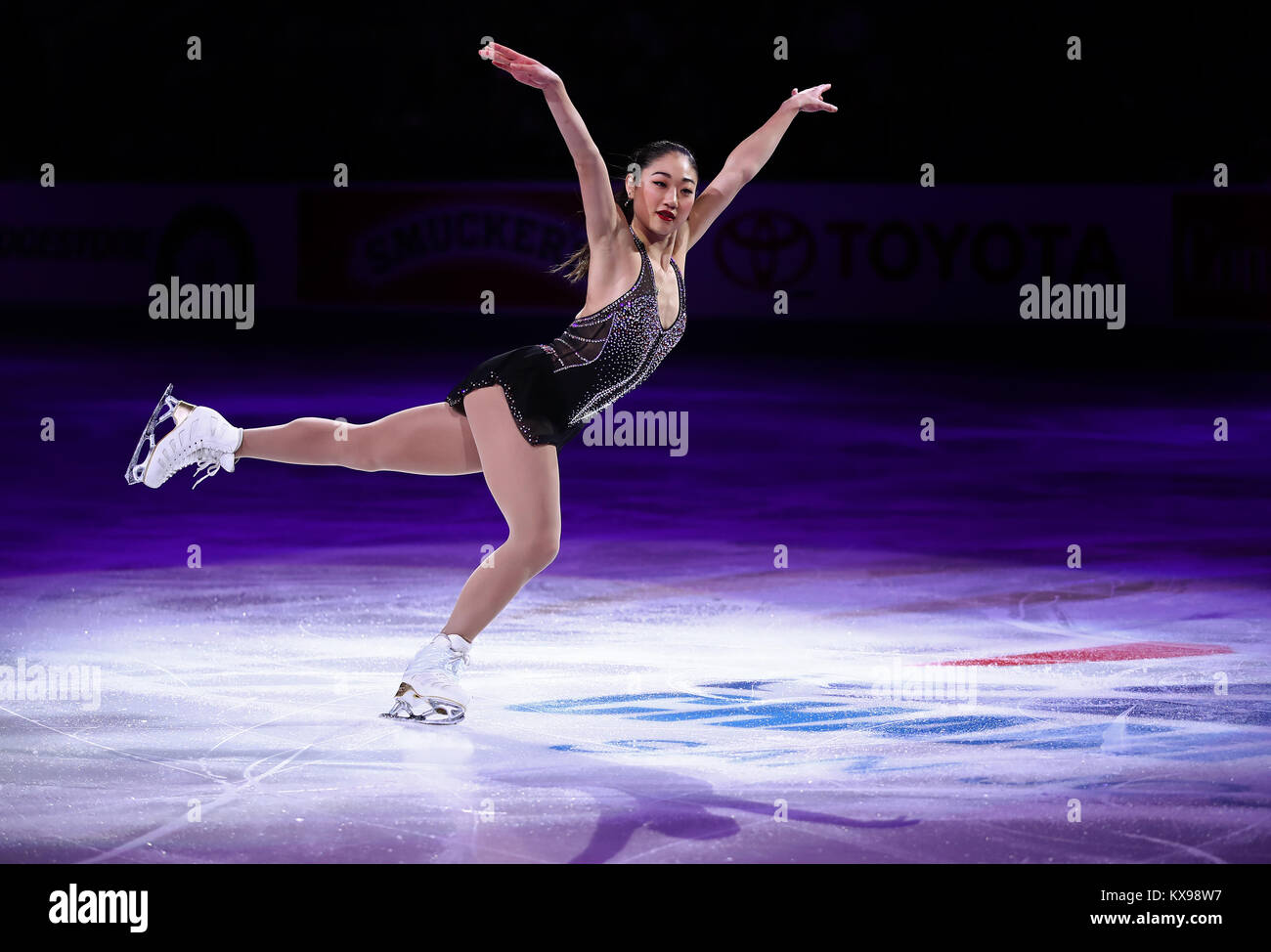 Mirai Nagasu skates während der Ausstellung vor 2018 koreanische Olympiade. Stockfoto