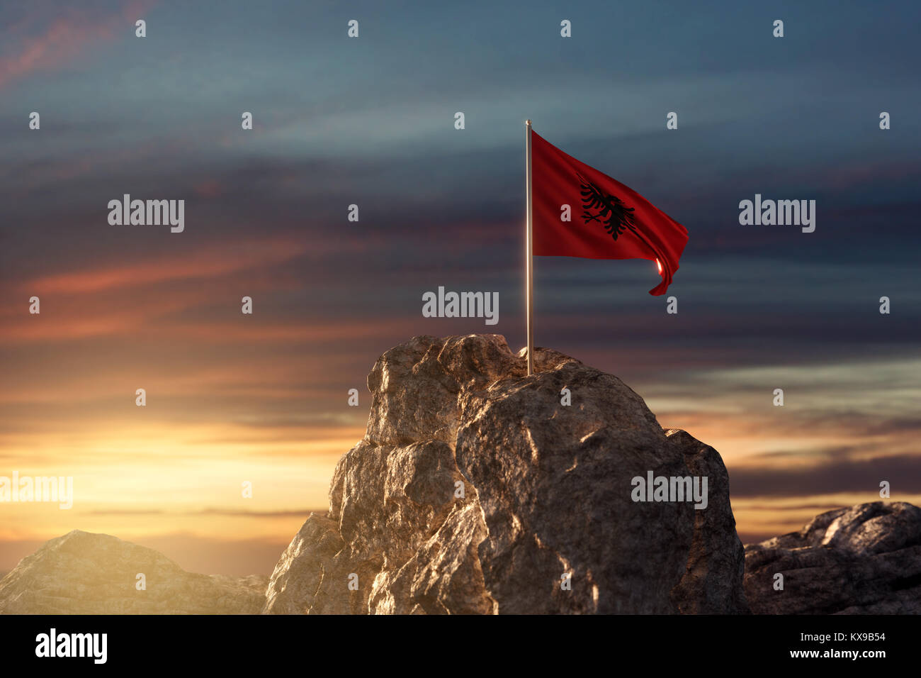 3D-Rendering von Winken albanische Flagge auf der felsigen Landschaft der Nationalfeiertag am 28. November zu feiern. Stockfoto