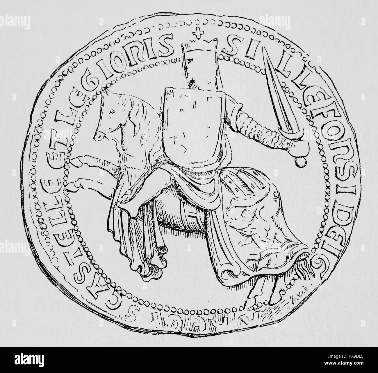 Alfons XI. von Kastilien (1311-1350) "der Rächer". König von Kastilien, Leon und Galizien. Stempel. Gravur, 1879 Stockfoto