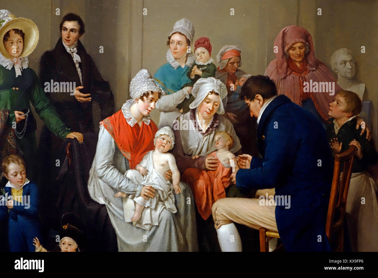 19. Jahrhundert Malerei übersicht Arzt die Impfung von Babys mit cowpox aus dem Mehr virulente Infektion Pocken zu schützen. Stockfoto
