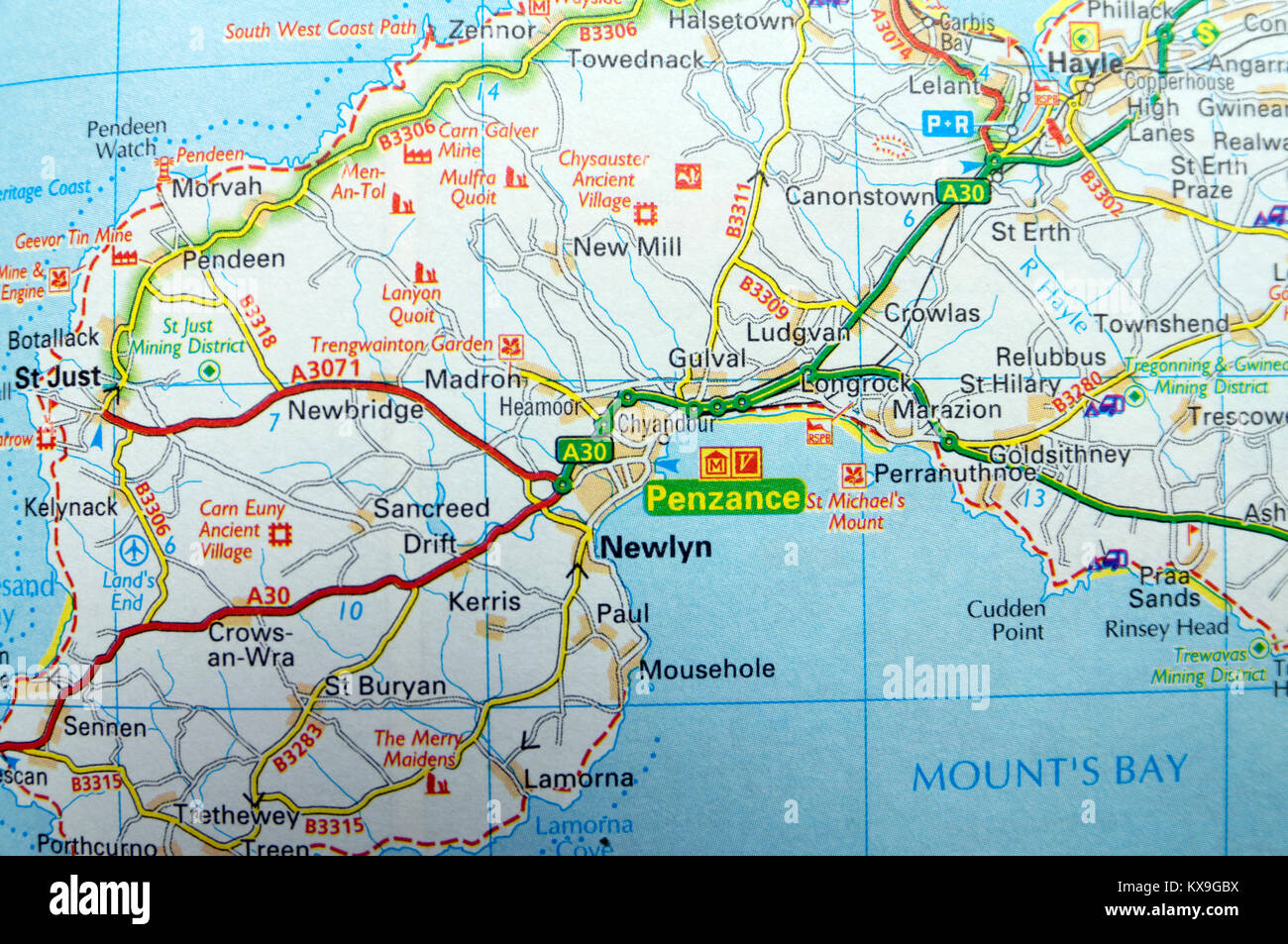 Karte von Penzance, Cornwall, South West England. Stockfoto