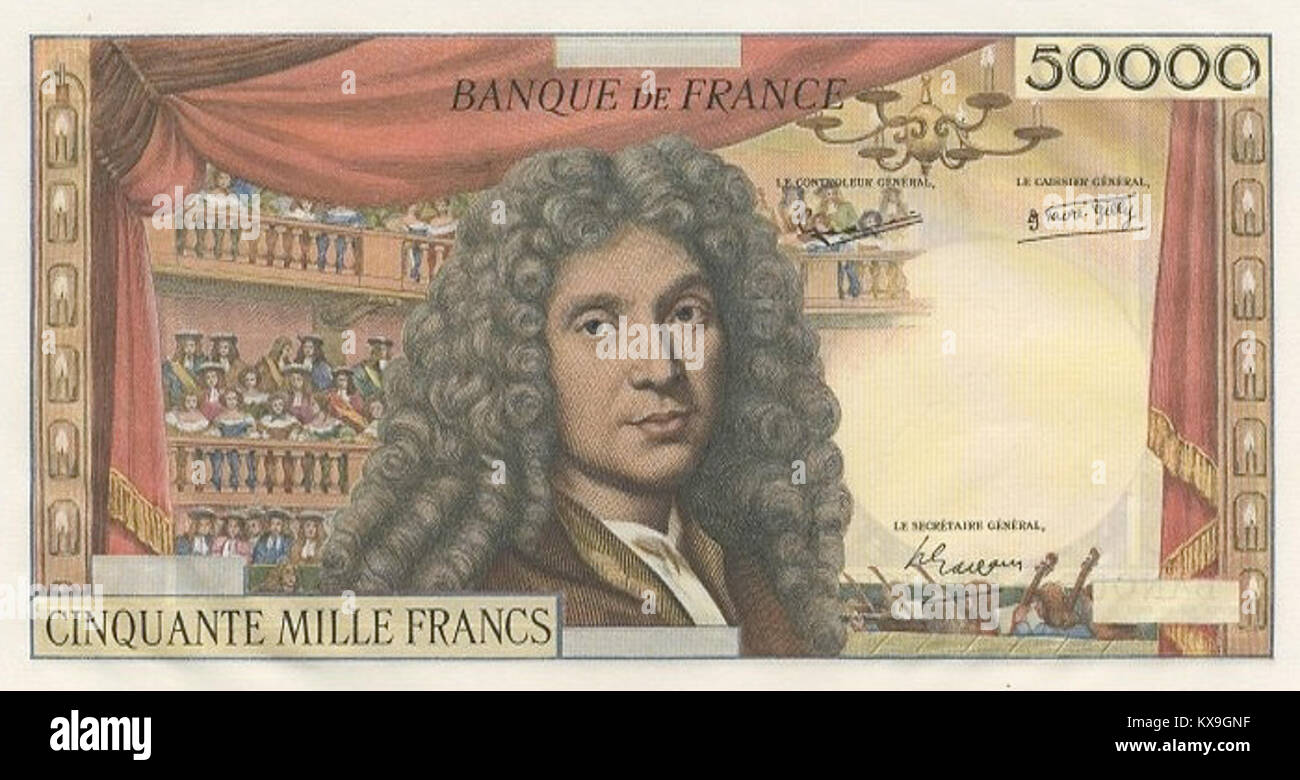 50 000 francia Frank bankjegyterv, Molière - típus, előoldal Stockfoto