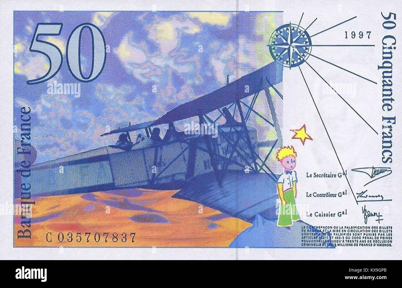50 francia Frank bankjegy Saint-Exupéry-típus, hátoldal Stockfoto