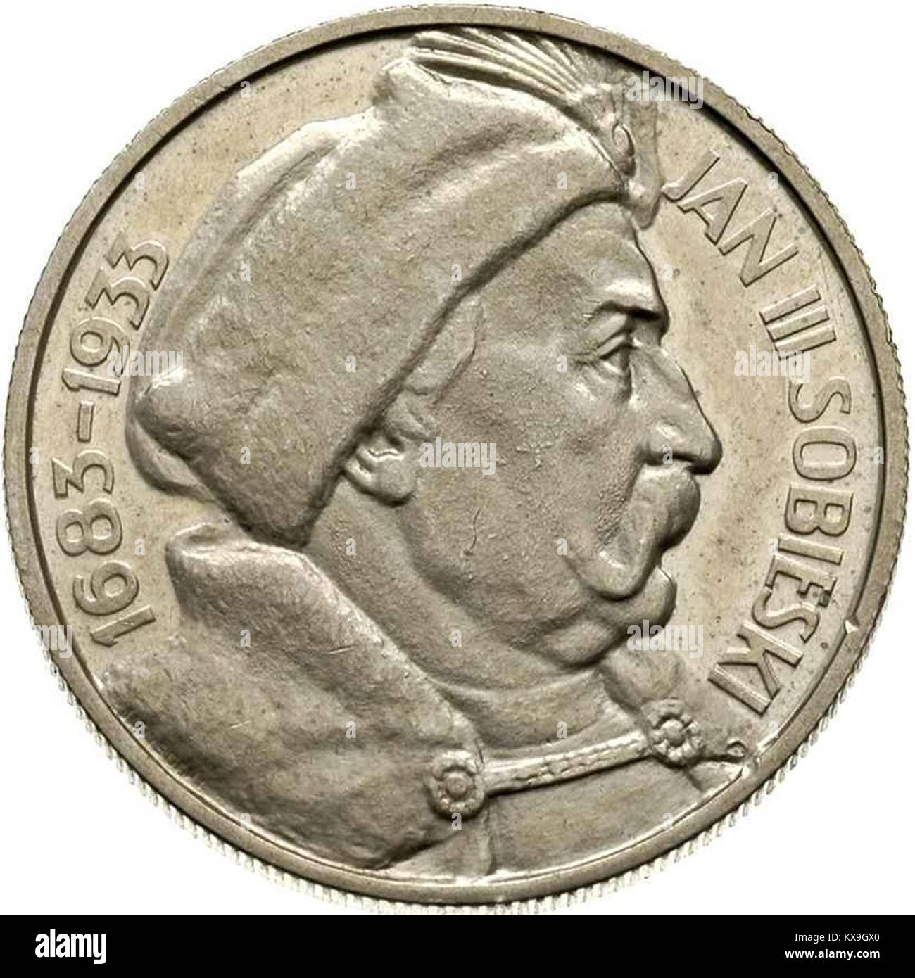 Die Münze zeigt Johannes III. Sobieski, König von Polen, an seine Regierungszeit im 17. Jahrhundert und an die Schlacht von Wien, die das polnische Erbe symbolisiert. Stockfoto