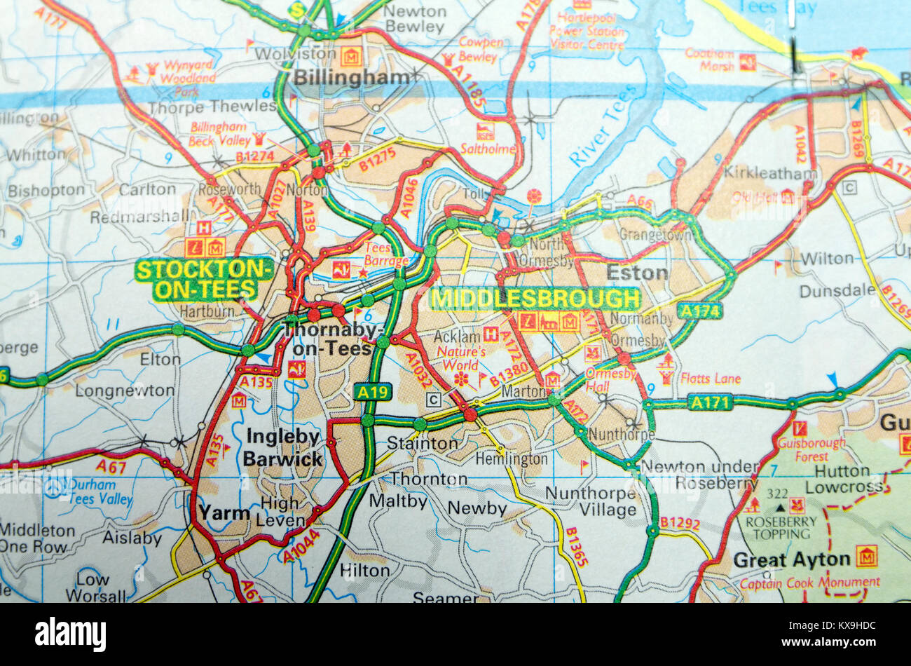 Straßenkarte von Stockton on Tees und Middlesbrough, England. Stockfoto