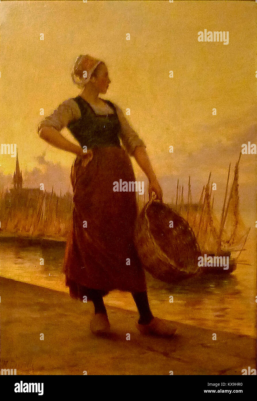 Ein Gemälde von Théophile Deyrolle, das eine Fischerin darstellt und die naturalistischen Details und die Interaktion der Figur mit der Wasserumgebung betont. Stockfoto