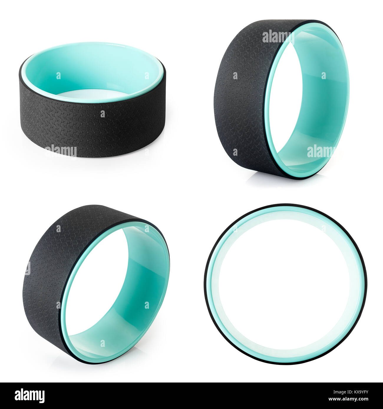 Einstellen des Yoga Räder auf weißem Hintergrund. Pilates Ring. Fitnessgeräte. Kreis für die Ausbildung von Balance und Flexibilität Stockfoto