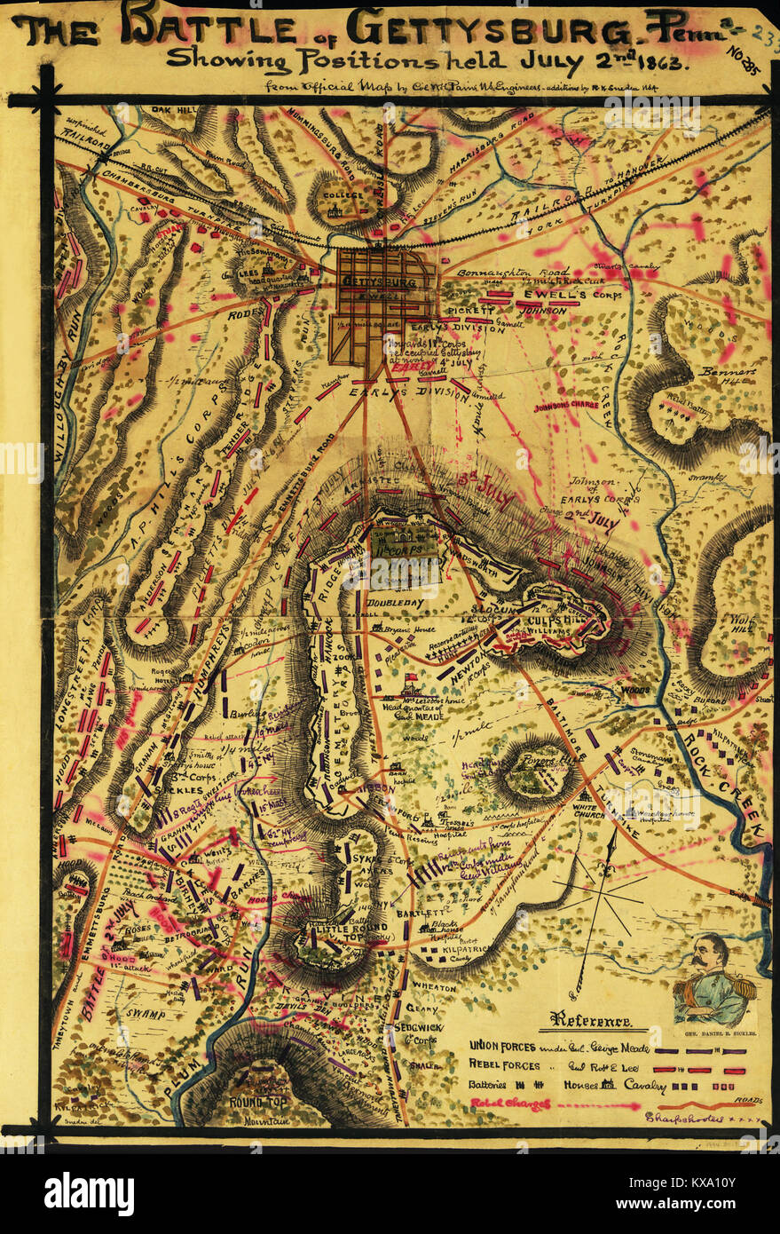 Schlacht von Gettysburg Penna... Zeigt Positionen gehalten 2. Juli 1863. Stockfoto