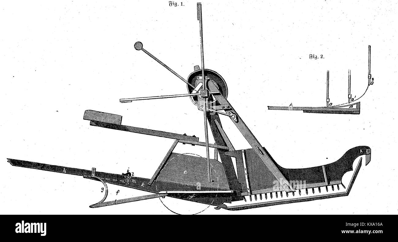 Landwirtschaftliche Maschine, der Mäher von McCormick, Abbildung zeigt den Grundriss, digitale Reproduktion aus einem original Holzschnitt oder Illustration aus dem Jahr 1880 verbessert Stockfoto