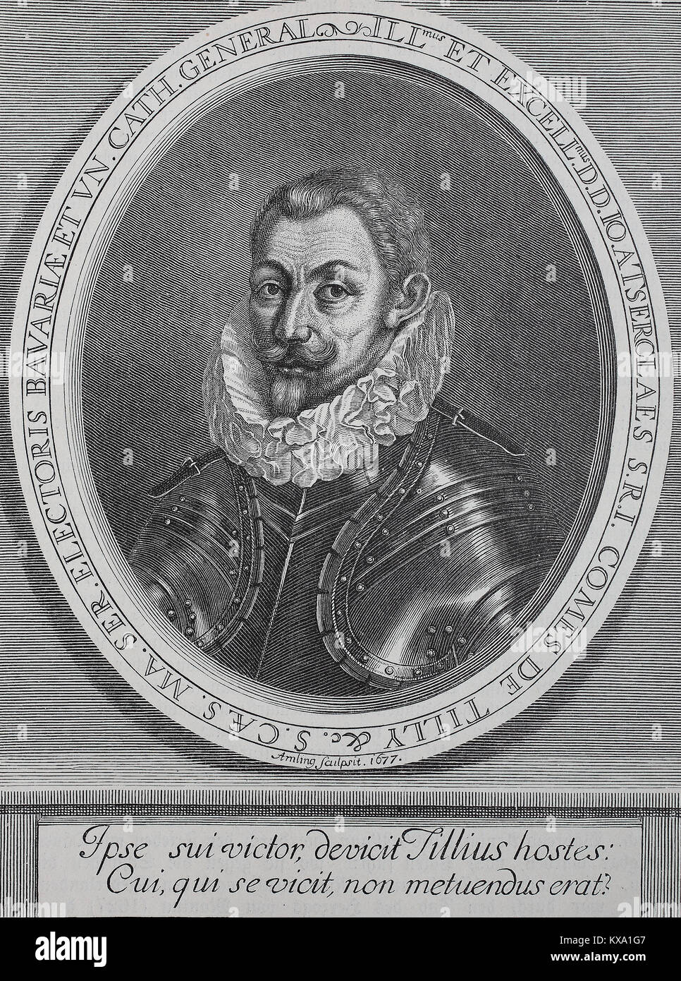 Johann, John oder Jean T'Serclaes von Tilly, Februar 1559 - April 30, 1632, war ein niederländischer zählen, die während des Dreißigjährigen Krieges als Oberbefehlshaber der Katholischen Liga diente und von 1630 die kaiserliche Armee, Gravur von Umling nach einem Portrait, 1677, digital verbesserte Reproduktion aus einem original Holzschnitt oder Illustration aus dem Jahr 1880 Stockfoto