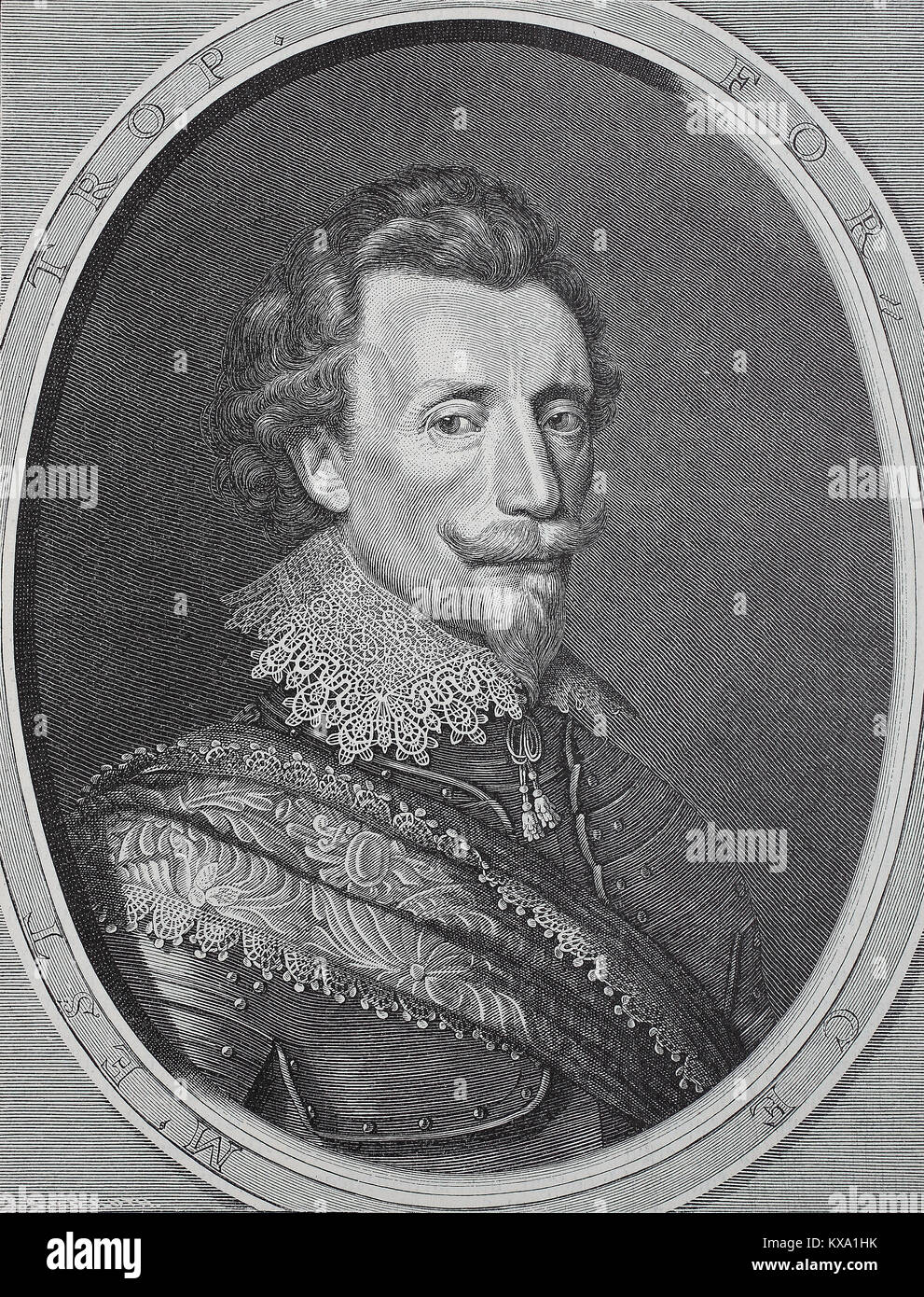 Ernst Graf von Mansfeld, C. 1580 - 29. November 1626, war ein deutscher militärischer Befehlshaber während der frühen Jahre des Dreißigjährigen Krieges, Kupferstich von Delff, 1624, nach einem Gemälde von Miereveld, digitale Reproduktion aus einem original Holzschnitt oder Illustration aus dem Jahr 1880 verbessert Stockfoto