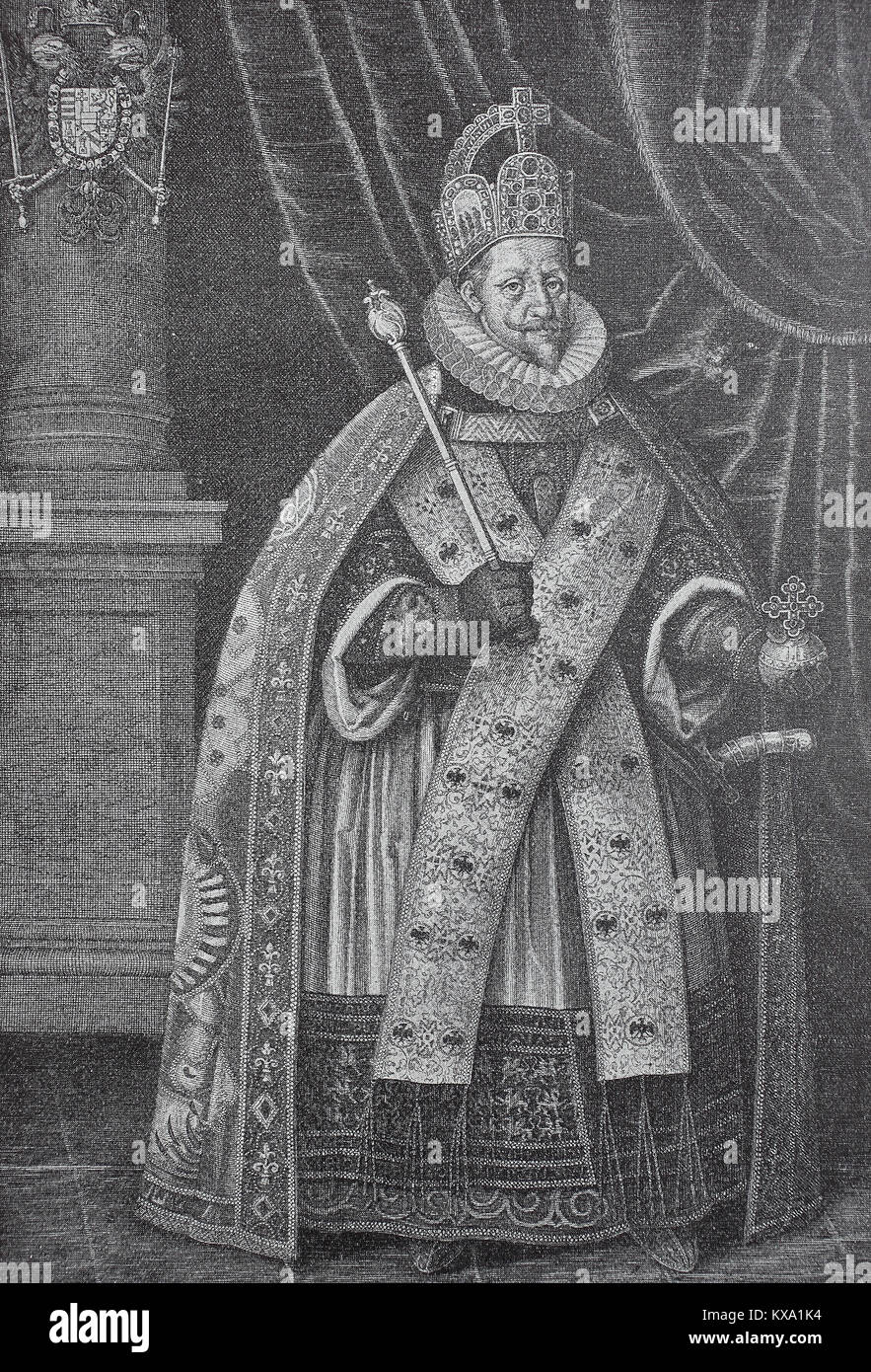 Ferdinand II. trägt die Krönung Robe, den 9. Juli 1578 bis 15. Februar 1637, ein Mitglied des Hauses Habsburg, war Kaiser des Heiligen Römischen Reiches 1619-1637, König von Böhmen und König von Ungarn, nach einem Kupferstich von Wolfgang Kilian, digitale Reproduktion aus einem original Holzschnitt oder Illustration aus dem Jahr 1880 verbessert Stockfoto