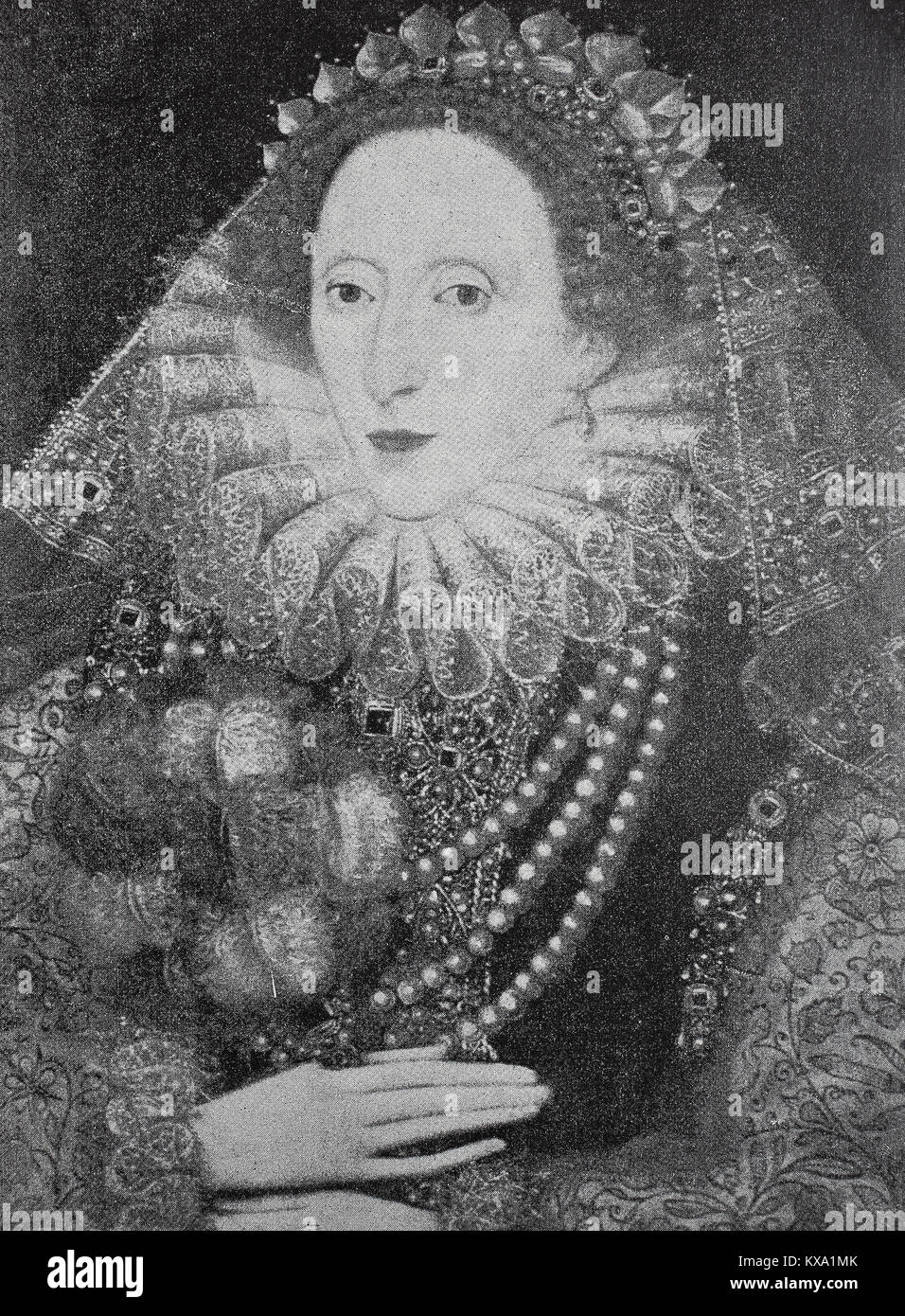 Elizabeth I, 7. September 1533 bis 24. März 1603, wurde Königin von England und Irland vom 17. November 1558 bis zu ihrem Tod am 24. März 1603. Manchmal ist die jungfräuliche Königin Gloriana oder Good Queen Bess genannt, Gemälde von Zucchero am Hamptoncourt nach einem Original Foto von W.M. Spooner & Co. in London, England, digital verbesserte Reproduktion aus einem original Holzschnitt oder Illustration aus dem Jahr 1880 Stockfoto