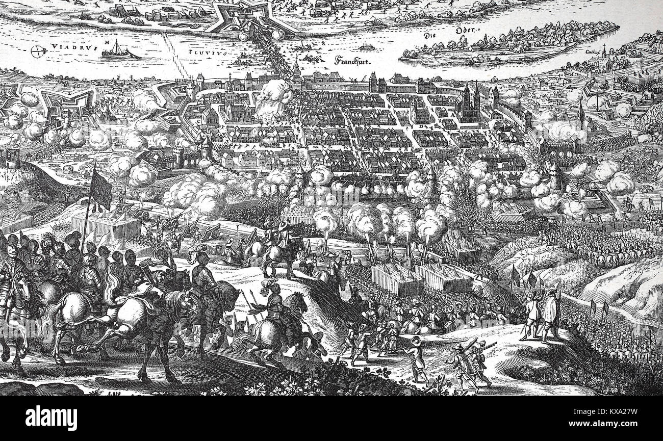 Belagerung von Frankfurt/Oder von Adolf Gustav von März 27 bis April 3, 1631, dreißig Jahre Krieg. Nach einem Kupferstich von Matthias Merian 1637, Deutschland, digital verbesserte Reproduktion aus einem original Holzschnitt oder Illustration aus dem Jahr 1880 Stockfoto