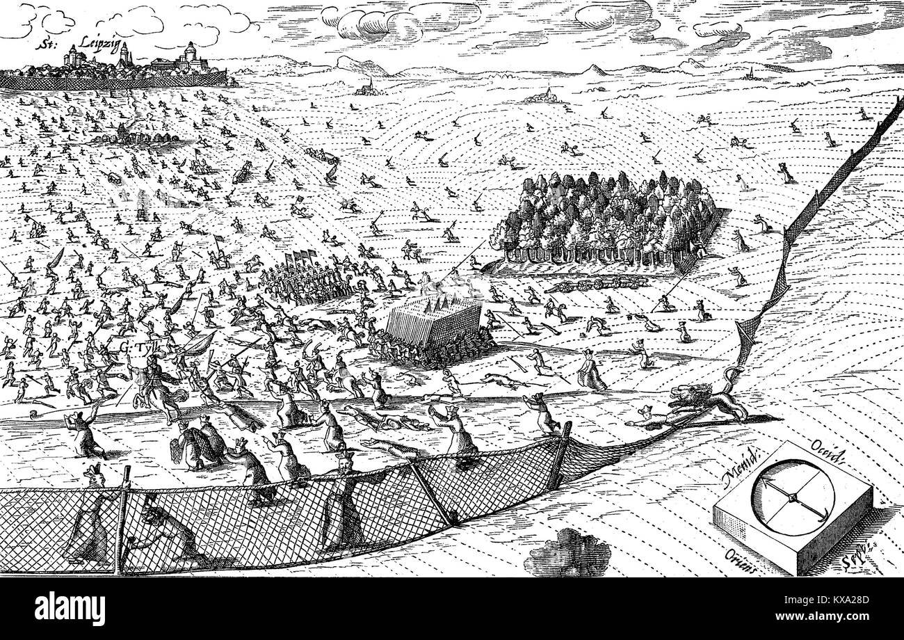 Dreißigjährigen Krieg, der Löwe aus dem Norden bricht durch die Netze, die von den Jesuiten, die im Hintergrund Leipzig gezogen, satirische fliegenden Blatt über die Schlacht von Breitenfeld, Gedruckt 1632, Deutschland, digital verbesserte Reproduktion aus einem original Holzschnitt oder Illustration aus dem Jahr 1880 Stockfoto