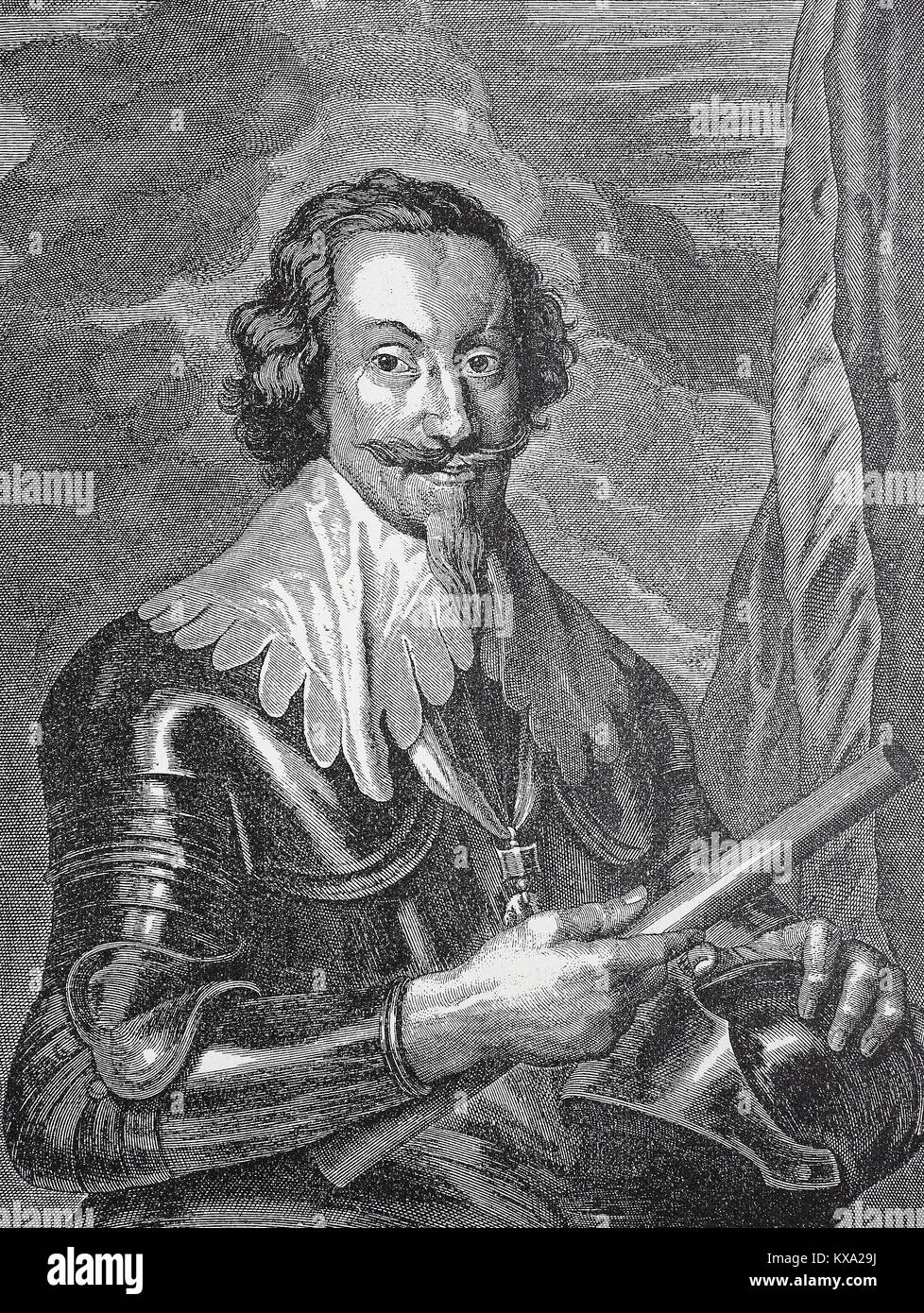 Gottfried Heinrich Graf zu Pappenheim, 8. Juni 1594 bis 17. November 1632, war ein General im Dreißigjährigen Krieg, die für die Katholische Liga und der Habsburger Kaiser unter Oberbefehl Wallensteins gekämpft, indem ihm die Erfindung der Zahnradpumpe, Deutschland, digital verbesserte Reproduktion aus einem original Holzschnitt oder Illustration aus dem Jahr 1880 Stockfoto