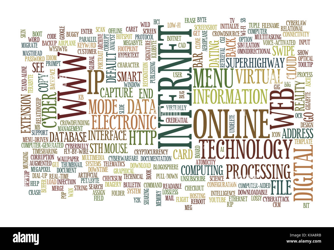Web und Internet ähnliche Wörter in verschiedenen Größen und Richtungen ausgelegt Stockfoto