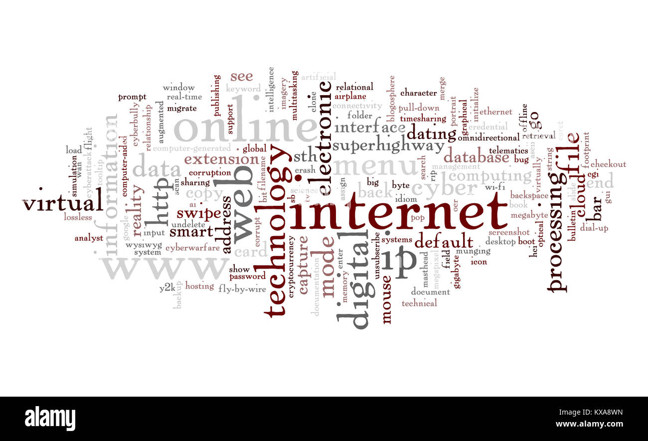 Web und Internet ähnliche Wörter in verschiedenen Größen und Richtungen ausgelegt Stockfoto