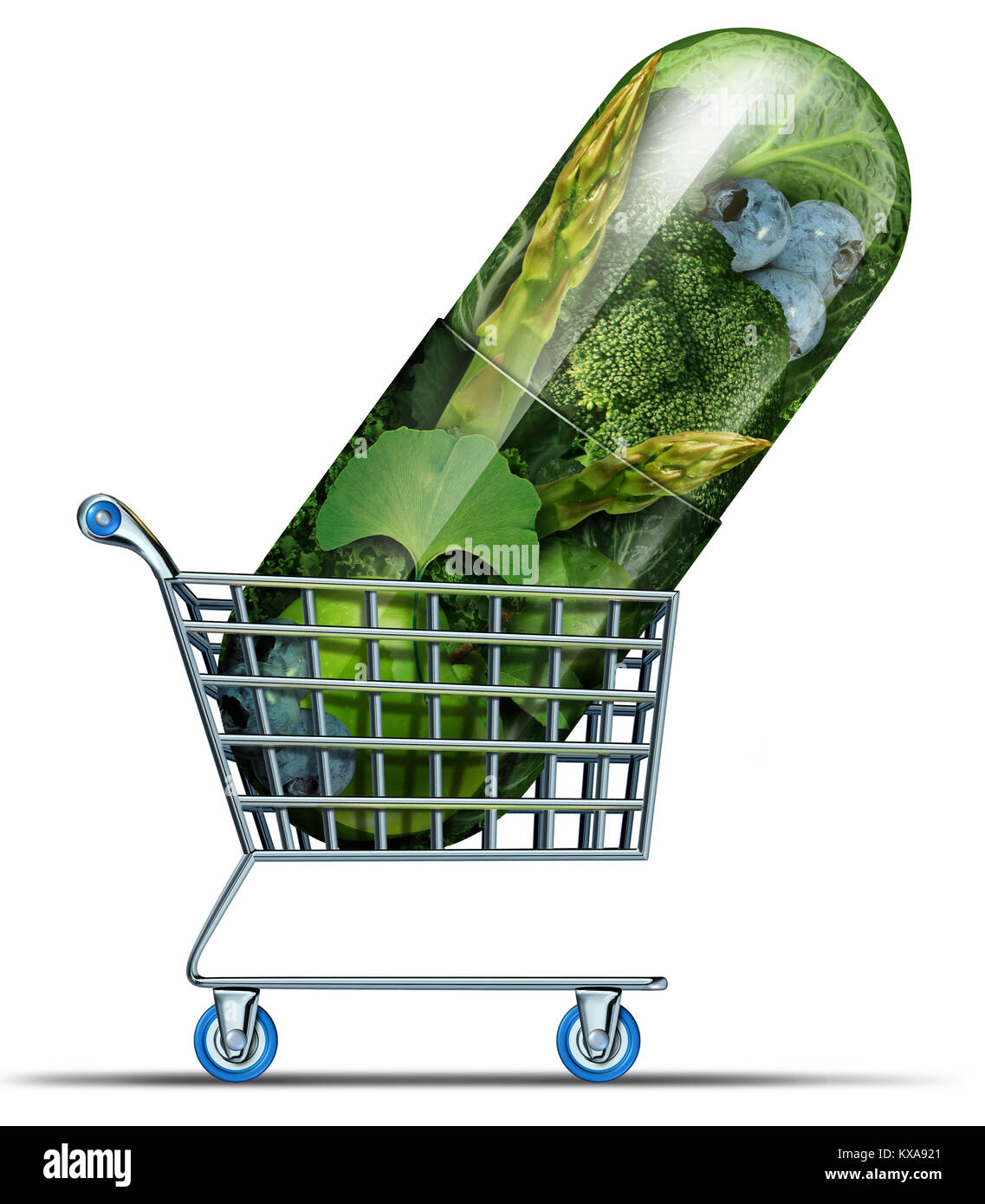 Ergänzen Einkaufs- und Homöopathie alternative Medizin Konzept als natürliche pflanzliche Heilmittel Medikamente Markt in einer Kapsel in einem Warenkorb. Stockfoto