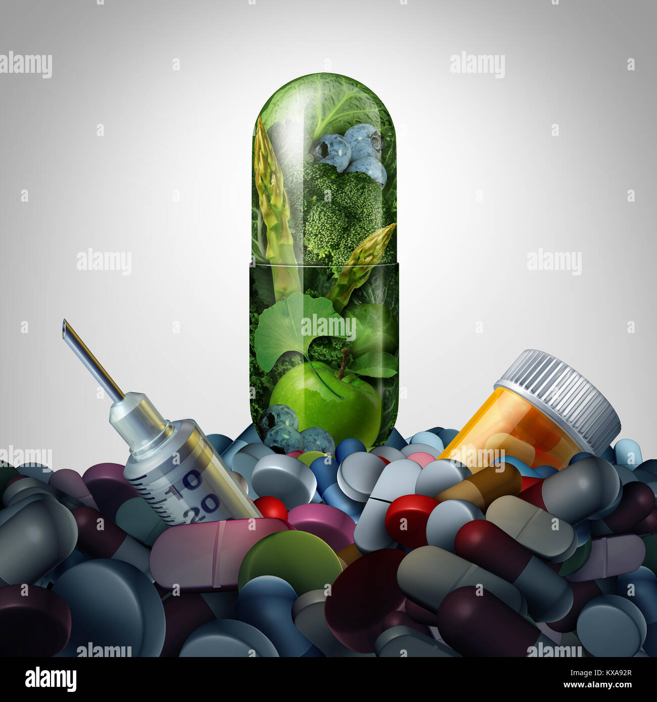 Alternative Medizin ergänzen Konzept als natürliche pflanzliche Medikamente in einer Kapsel versus pharmazeutische Behandlung als 3D-Darstellung. Stockfoto