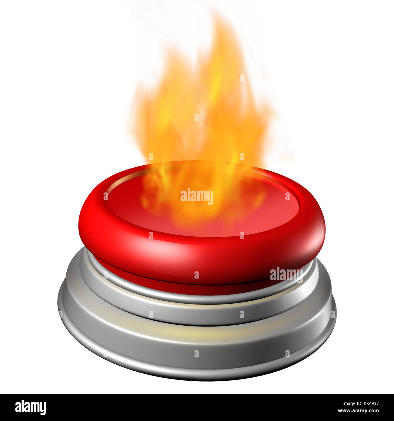 Heiße Taste Ausgabe Konzept als Rot trigger mit Flammen wie eine aktuelle kontroverse Thema Symbol als 3D-Abbildung auf einer 3D-Darstellung. Stockfoto