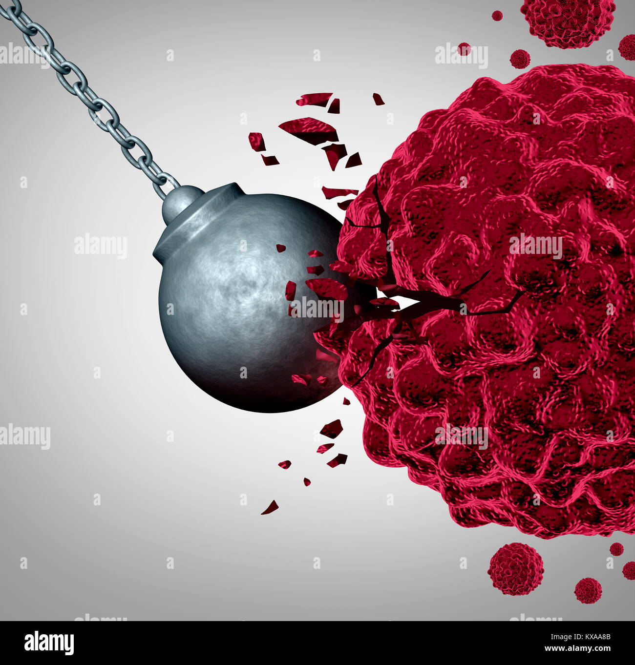 Krebs und brechen ein bösartiger Tumor als Medical Health Care Concept mit einer abrissbirne Zerstörung eines malignen Zelle. Stockfoto