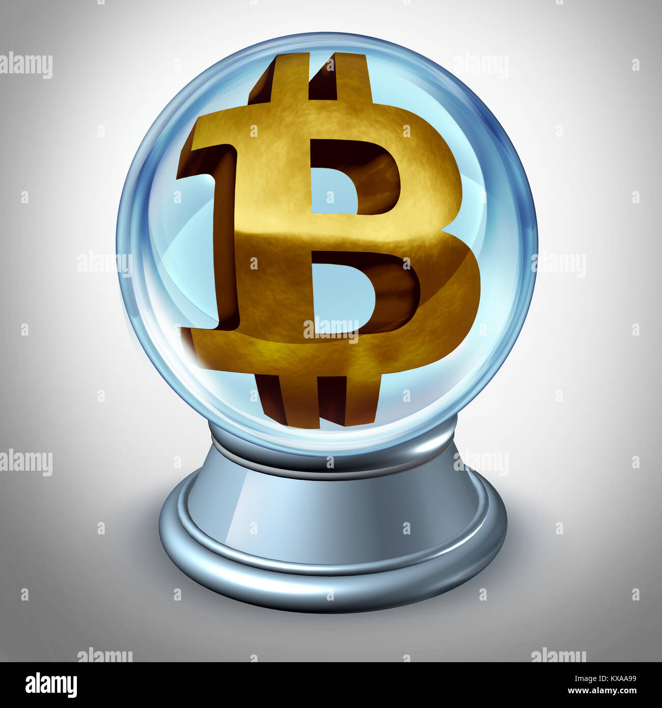 Bitcoin Zukunft und cryptocurrency Vorhersage und Vorhersage der Wert der digitale Währung als Symbol innen eine Crystall Ball als 3D-illustr Stockfoto
