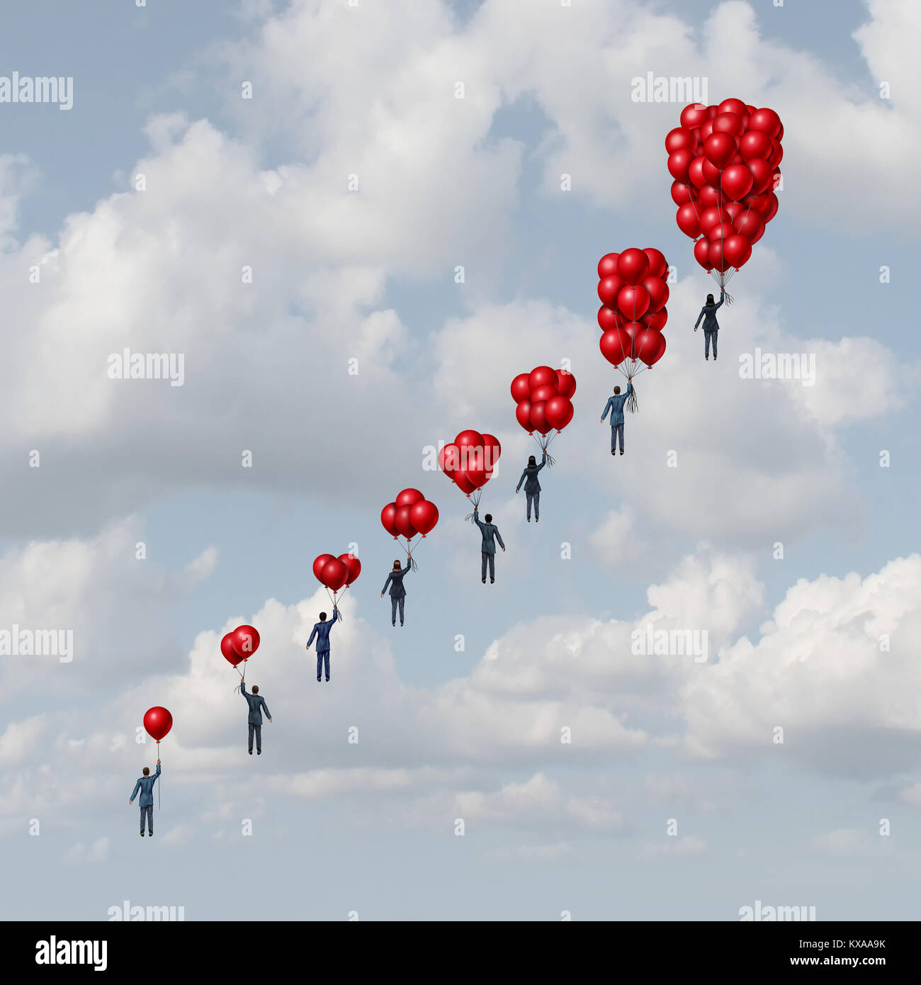 Geschäftsverlauf Konzept, wie eine Gruppe von Geschäftsleuten, die schrittweise steigenden Luftballons als Erfolg Metapher mit der 3D-Darstellung. Stockfoto