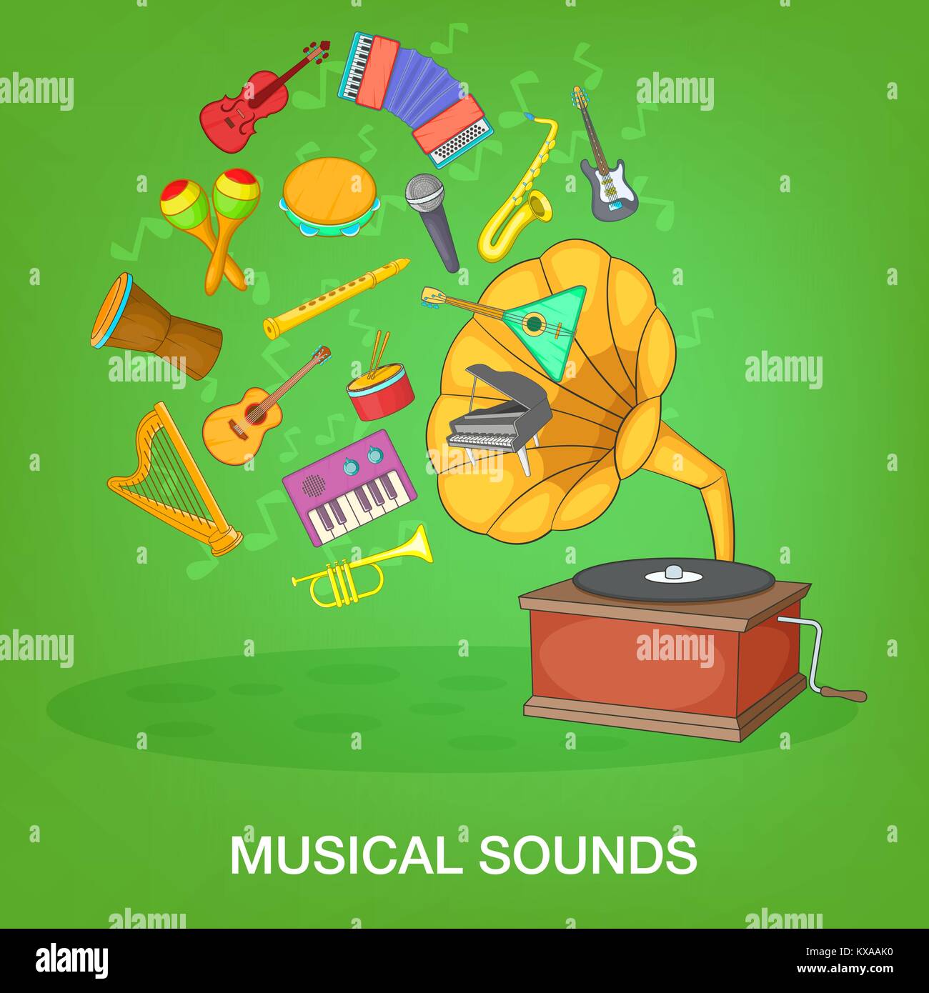Musikinstrumente grünes Konzept, Cartoon Stil Stock Vektor