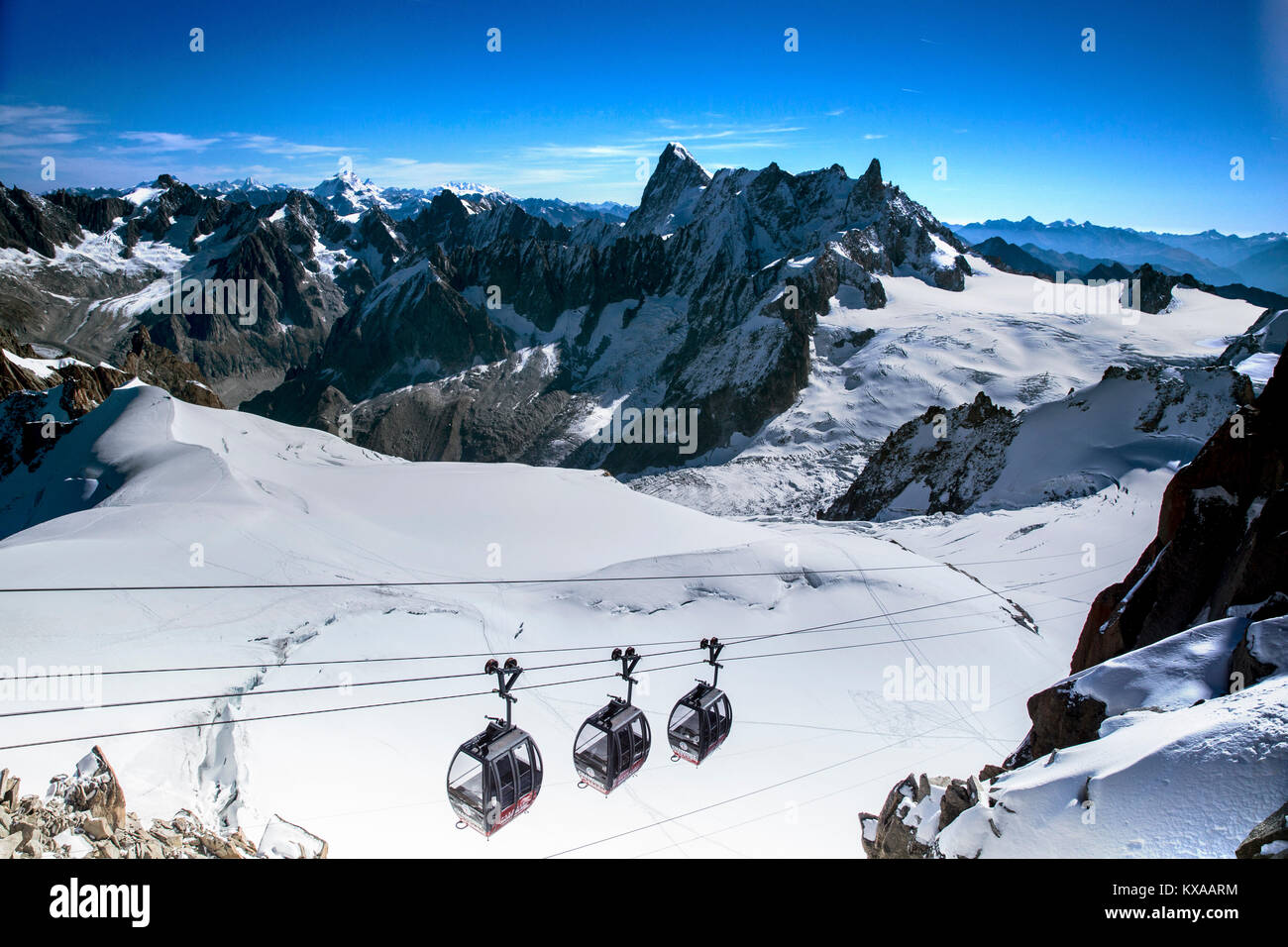 Helbronner Seilbahn mit einzigartigen Panoramablick auf Valle Blanche, Chamonix Mont-Blanc, Haute Savoie, Frankreich Stockfoto