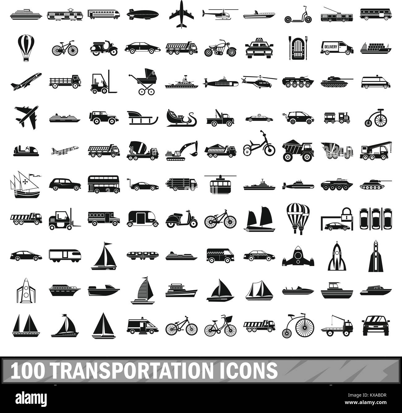 100 Transport Icons in einem einfachen Stil eingerichtet Stock Vektor