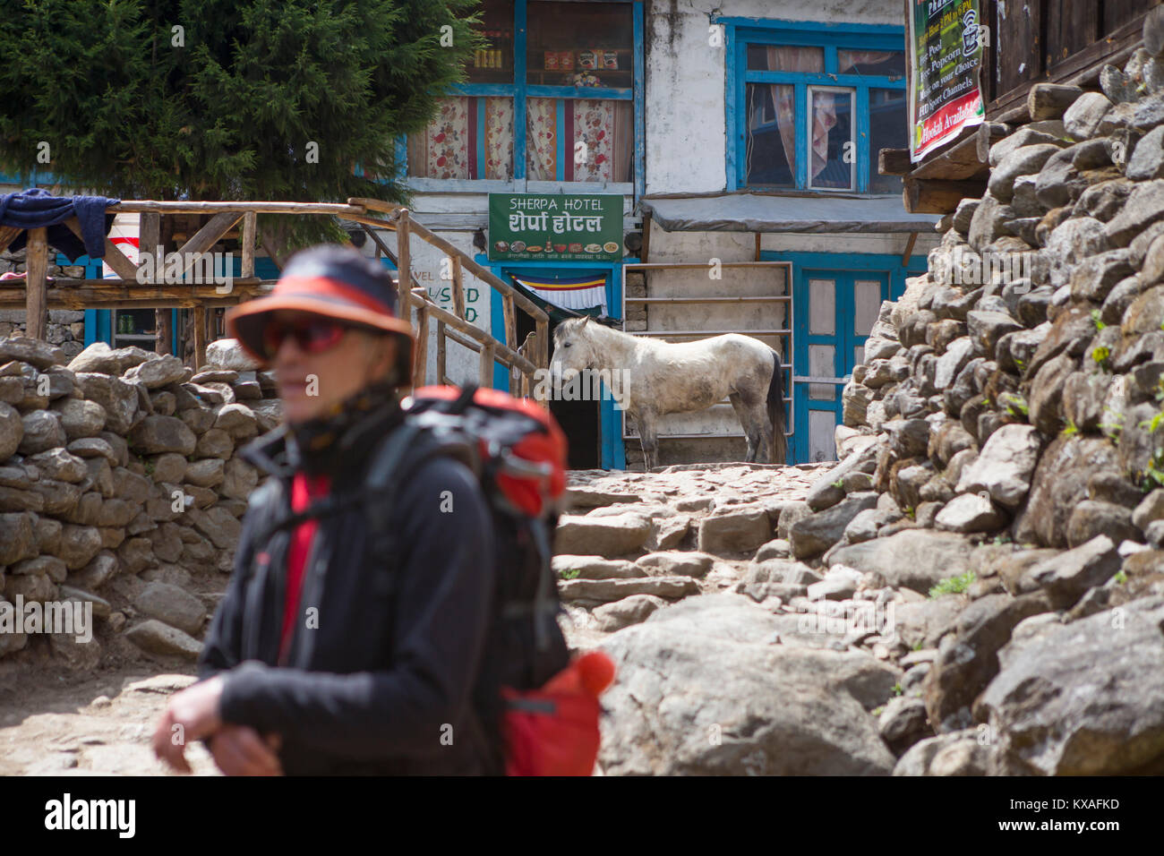 Ein Wanderer in der Nähe einer Hütte in einem Dorf des nepalesischen Khumbu Tal. Stockfoto