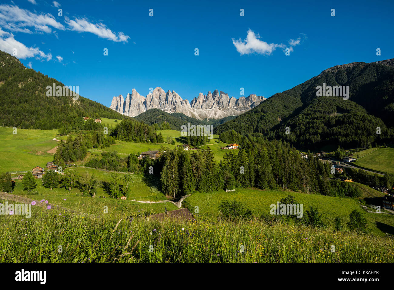 Geislergruppe, Santa Maddalena, Villnößtal, Dolomiten, Südtirol, Italien Stockfoto