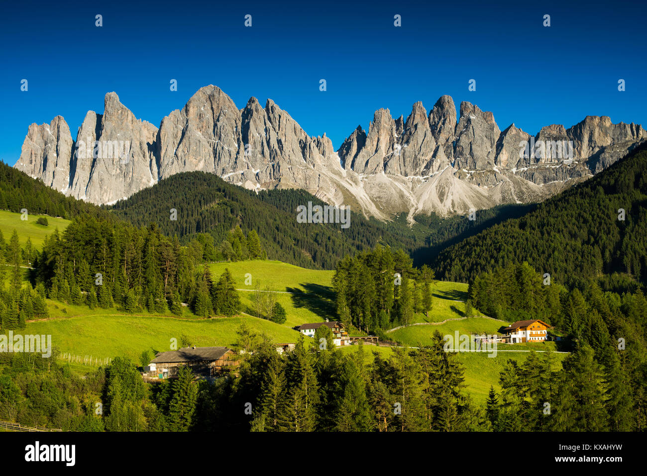 Geislergruppe, Santa Maddalena, Villnößtal, Dolomiten, Südtirol, Italien Stockfoto