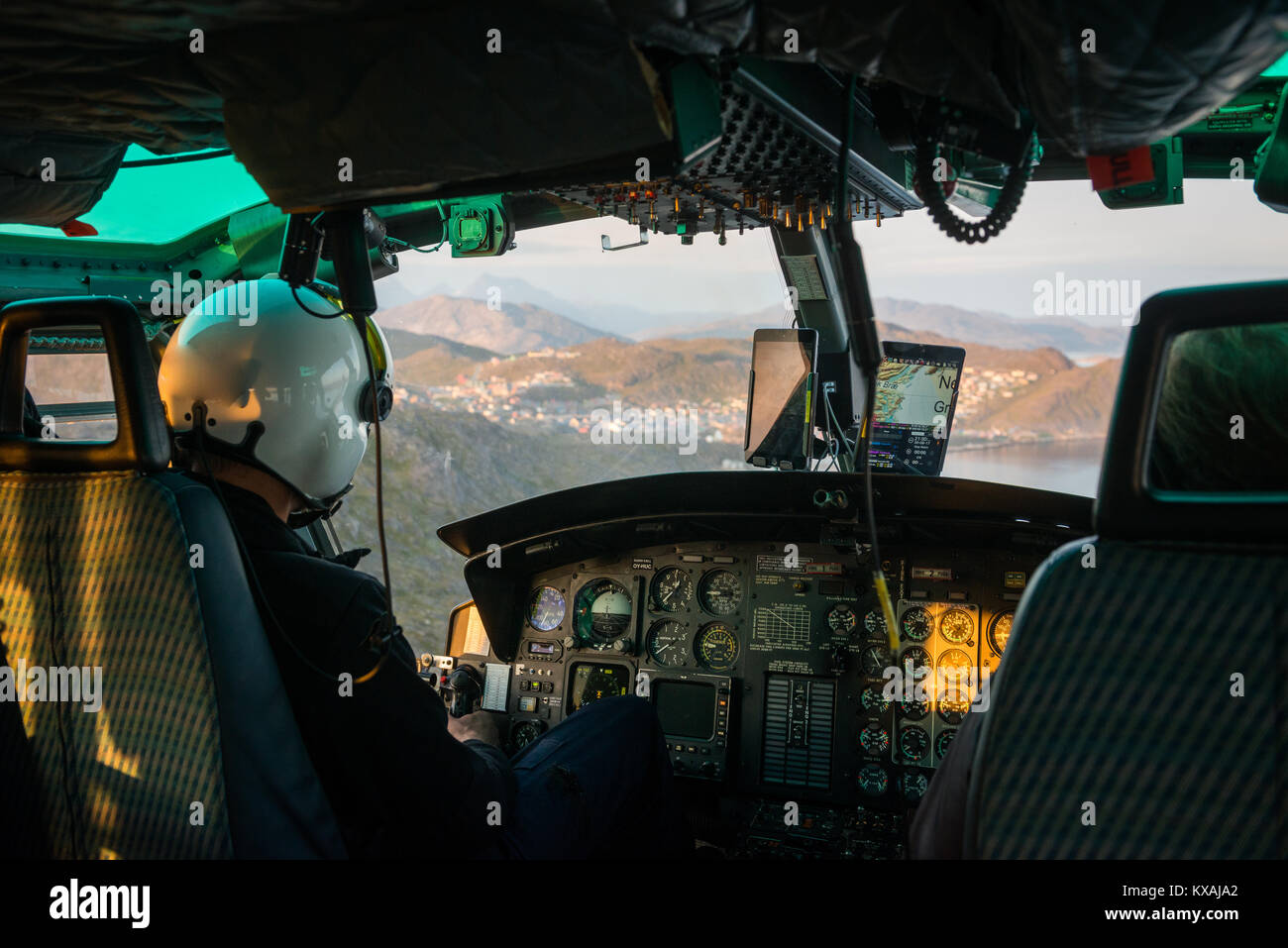 In einem Hubschrauber, Flug über Grönland Stockfoto