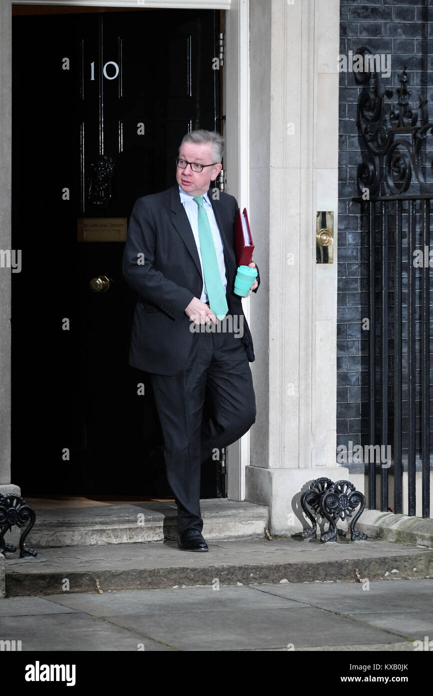 London, Großbritannien. 9 Jan, 2018. Michael Gove Staatssekretär für Umwelt, Ernährung und Angelegenheiten des ländlichen Raums nimmt an einer Kabinettssitzung am 10 Downing Street, London. Credit: RM Presse/Alamy leben Nachrichten Stockfoto
