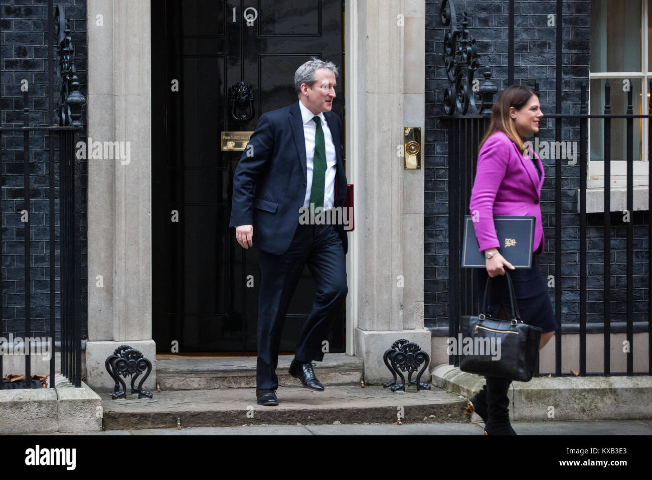 London, Großbritannien. 9 Jan, 2018. Caroline Nokes MP, Minister für Einwanderung, und Damian Hinds MP, Staatssekretär für Bildung, lassen Downing Street 10 im Anschluss an die erste Kabinettssitzung seit der Kabinettsumbildung von Premierminister Theresa May. Credit: Mark Kerrison/Alamy leben Nachrichten Stockfoto