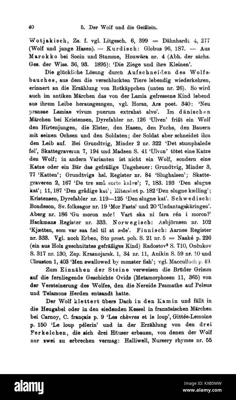Diese Seite aus der kommentierten Ausgabe „Grimms Märchen Anmerkungen“ (Bolte Polivka) bietet eine detaillierte Analyse und Interpretation der Geschichten, die die Märchen der Brüder Grimm und ihre tiefe kulturelle und historische Bedeutung näher beleuchten. Stockfoto