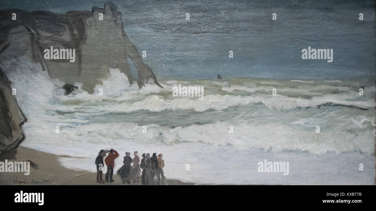 Das Gemälde „große mer à Etretat“ von Claude Monet zeigt die Küste von Etretat in Frankreich. Monets impressionistischer Stil fängt die natürliche Schönheit des Meeres und der Klippen ein und zeigt seinen unverwechselbaren künstlerischen Ansatz. Stockfoto