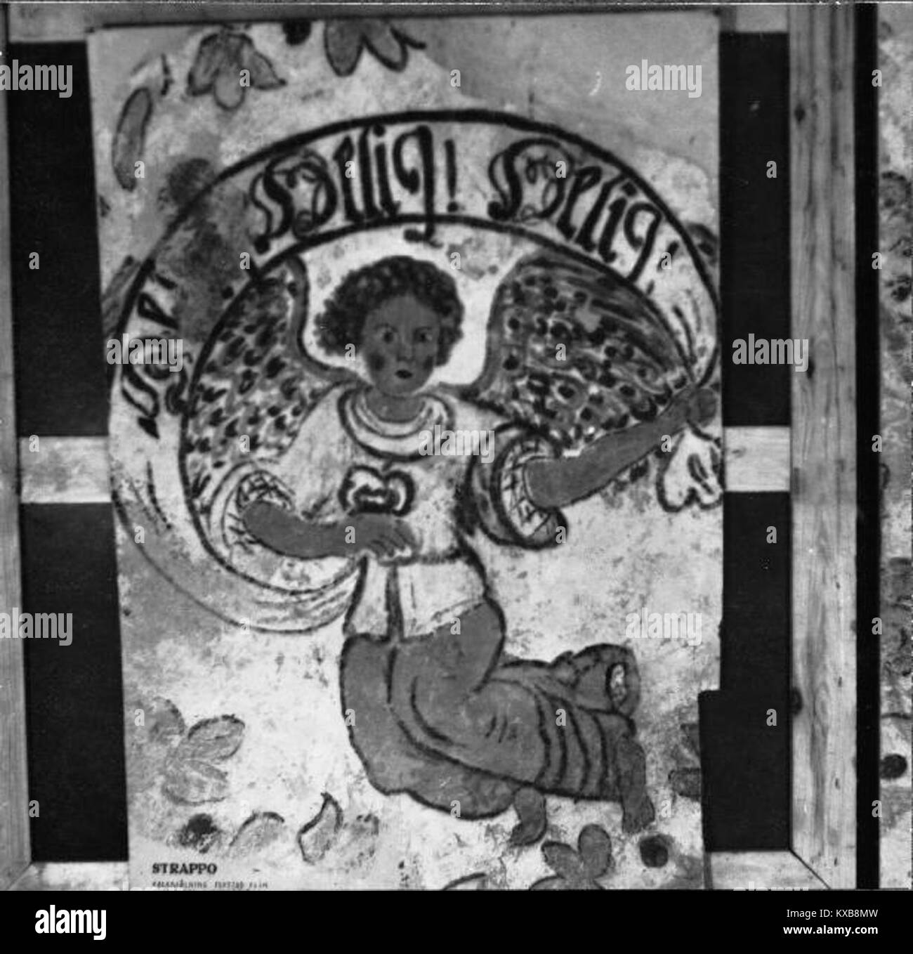 Dieses Bild zeigt ein Fresko aus dem 14. Jahrhundert im Chor der Grötlingbo-Kirche, das den Heiligen Johannes den Täufer darstellt. Das Fresko ist Teil der originalen mittelalterlichen Wandmalereien der Kirche, die typische christliche Szenen aus dieser Zeit zeigen. Stockfoto