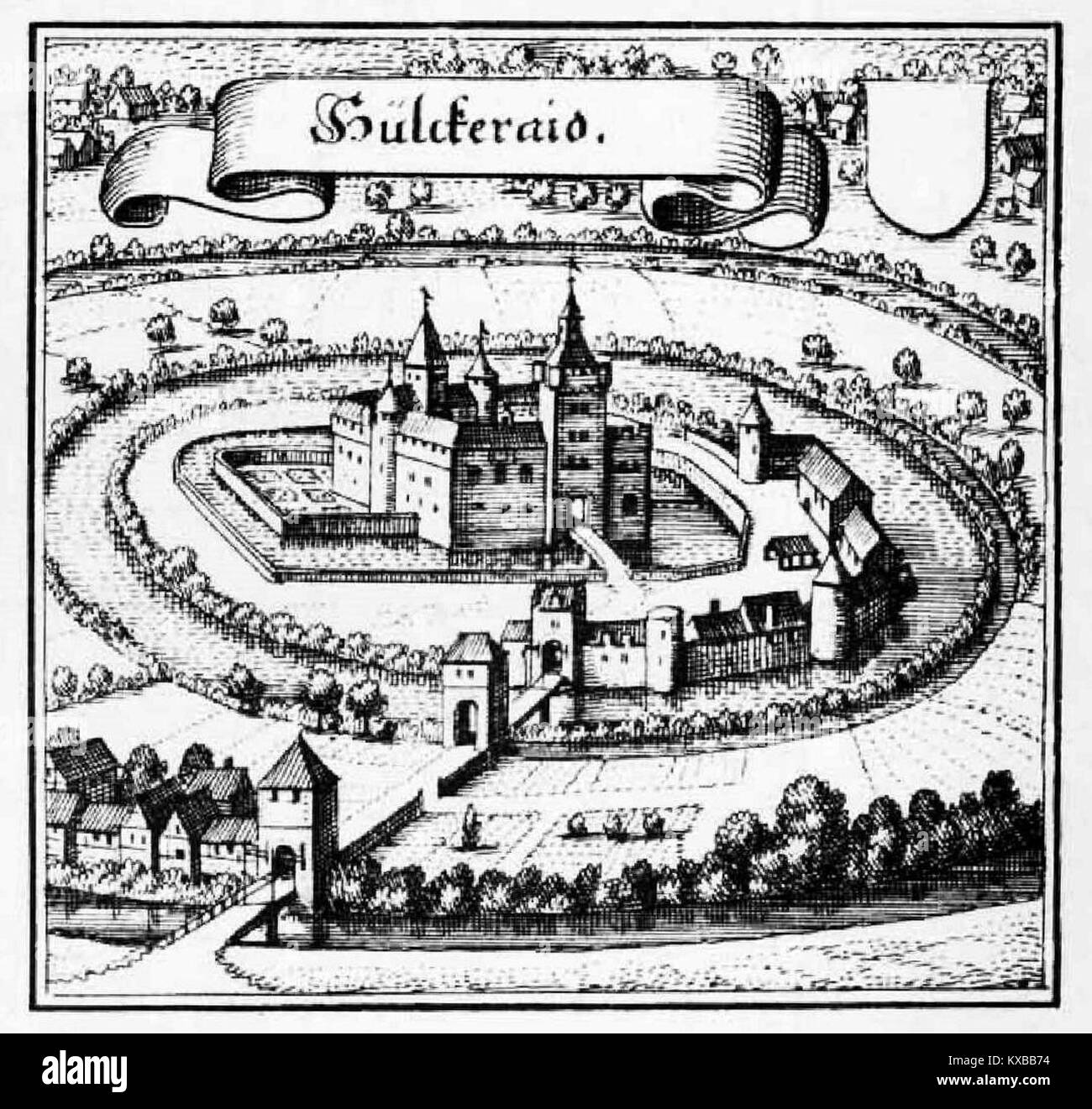 Kupferstich von Hülckeraid von Matthäus Merian, der eine detaillierte Landschaftsansicht eines historischen deutschen Anwesens oder einer Siedlung mit Feldern, Gebäuden und umliegenden Landschaften zeigt. Stockfoto