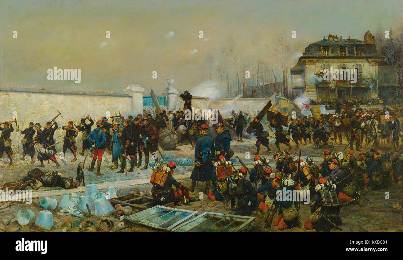 Ein Gemälde von Jean-Baptiste-Edouard Detaille, das die Schlacht von Champigny im Dezember 1870 während des Deutsch-Französischen Krieges darstellt und die französischen Truppen unter winterlichen Bedingungen ihre Position verteidigt. Stockfoto