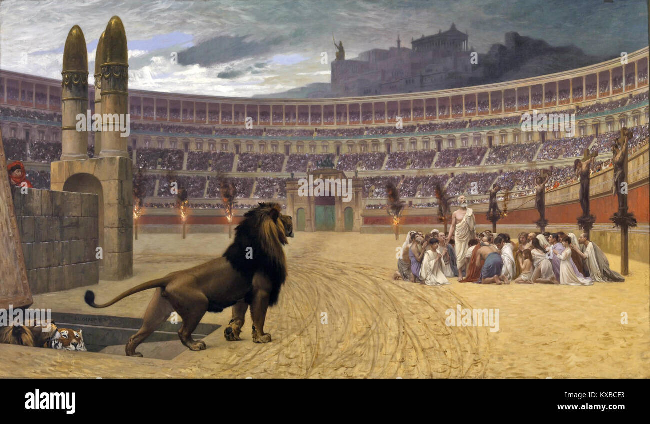 Jean-Léon Gérôme Gemälde „das letzte Gebet der christlichen Märtyrer“ zeigt frühchristliche Märtyrer, die vor der Hinrichtung im Gebet versammelt wurden, und illustriert Themen wie glaube, Verfolgung und Opfer im antiken Rom. Stockfoto