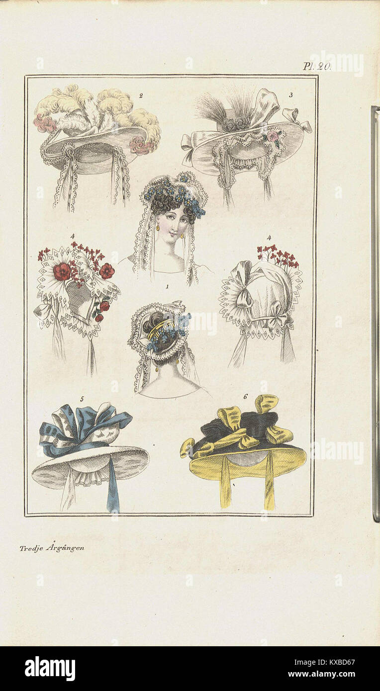 Eine Illustration aus dem Jahr 1826 aus „Magasin pour l'Art“ zeigt Mode und künstlerischen Stil des frühen 19. Jahrhunderts, die europäisches Design und kulturelle Ästhetik widerspiegelt. Stockfoto