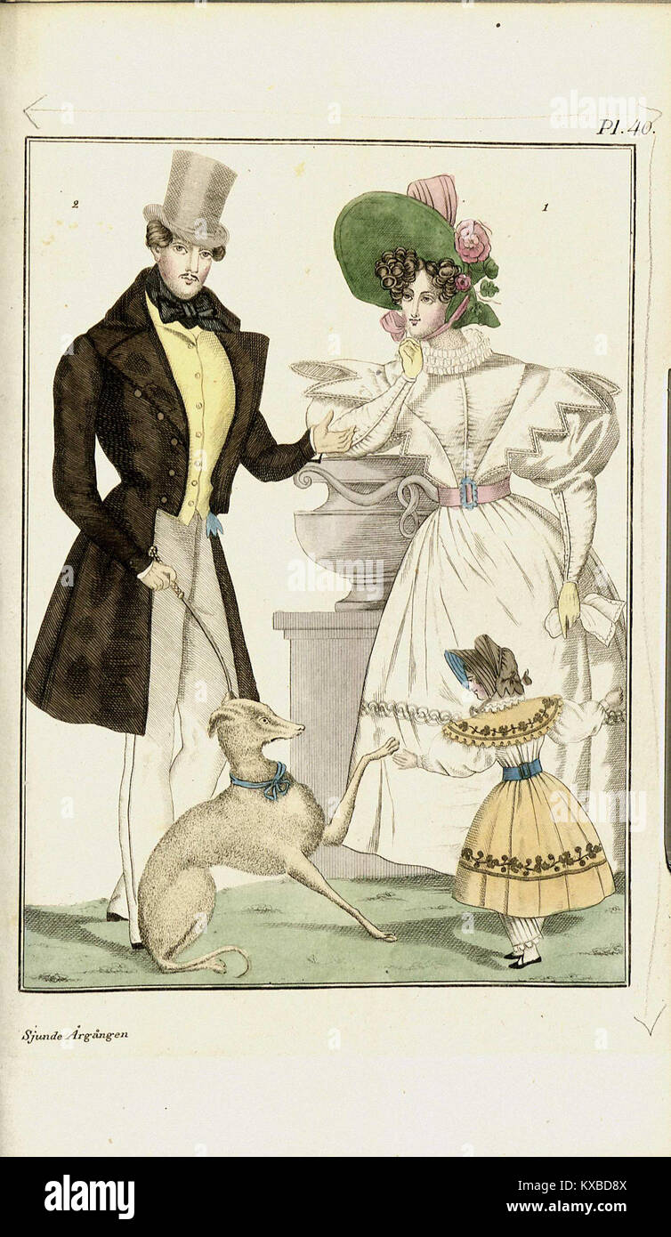 Eine Illustration von Magasin för konst, nyheter och moder aus dem Jahr 1830, die schwedische Mode und Kunst des frühen 19. Jahrhunderts zeigt und soziale und kulturelle Trends der Zeit widerspiegelt. Stockfoto