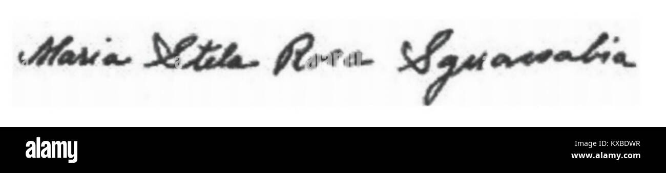 Eine historische Unterschrift von Maria Sguassbía, die als Identifizierungszeichen dient, die die Autorität und Authentizität in historischen Dokumenten oder Kunstwerken beweist. Stockfoto